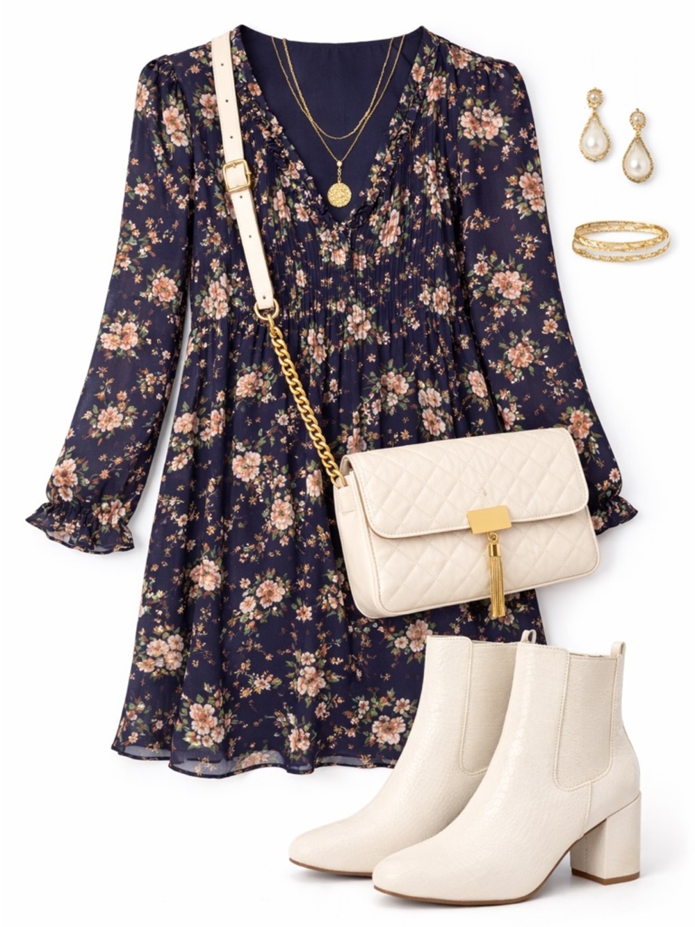 Time and Tru Navy Floral Long Sleeve Dress